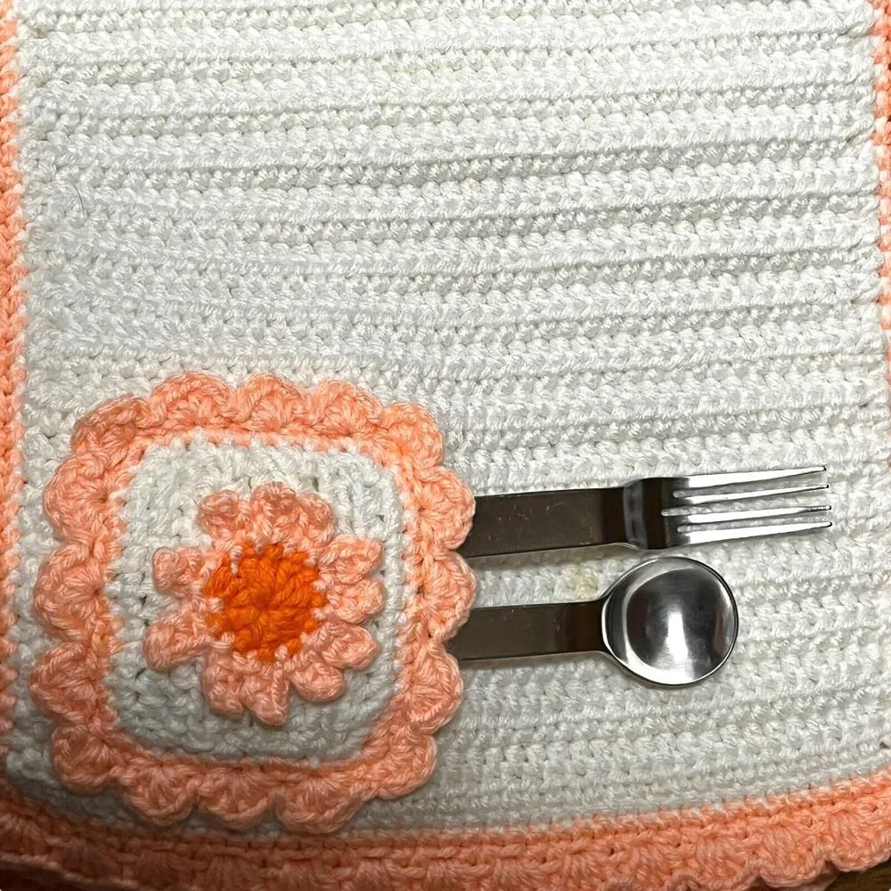 Placemats Crochet Set Of 6 Vintage Orange White Retro 18 X 12 Country Kitsch